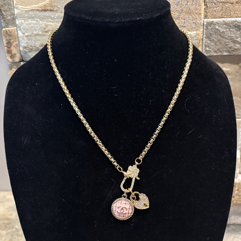 Gold Chain Necklace with Designer Pink Medallion and Heart Charms - Picture 2 of 6